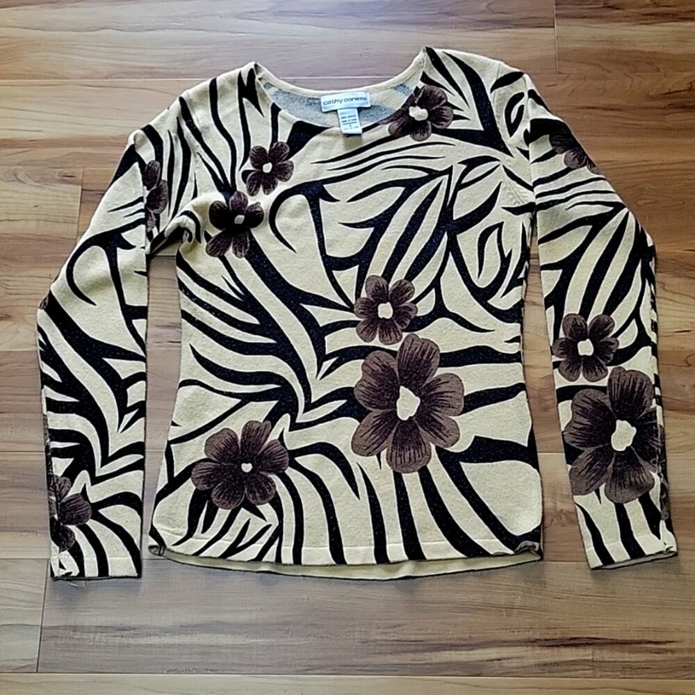 Vintage Cathy Daniels Zebra Floral Print Long Sleeve S Pullover Knit Sweater Top